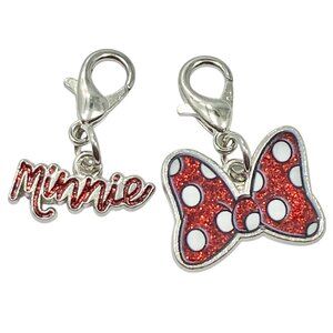 2 Vintage Minnie Mouse Clip On Charm Zipper Pull Enamel Red Bow Purse Bag Signed
